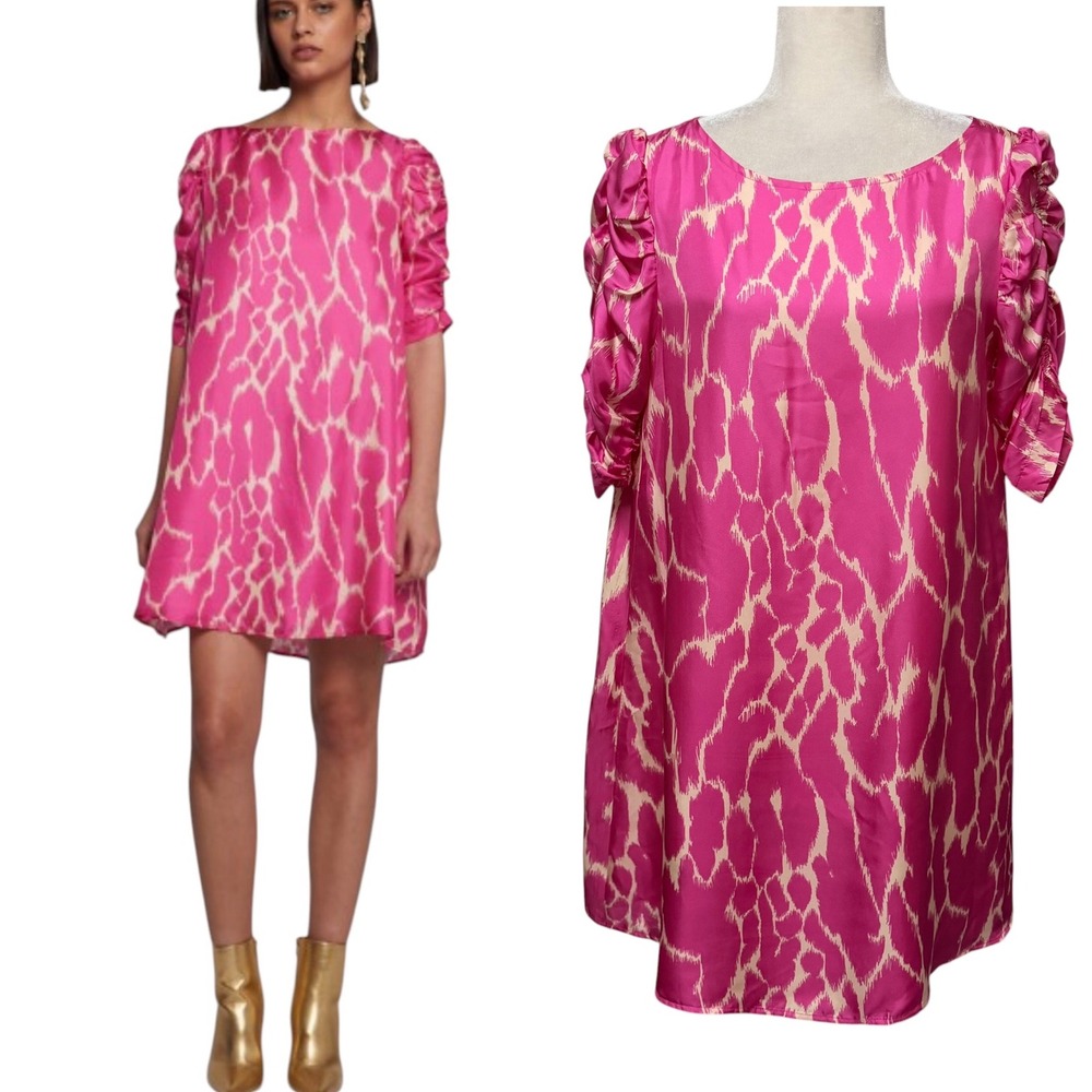 Vilagallo Dress Womens 42 US 10 Manon Pink 100% Silk Abstract Ruched Puff Sleeve
